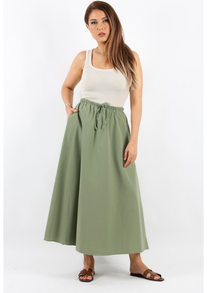 Kadın Alya Haki Astarlı Cepli Poplin Etek