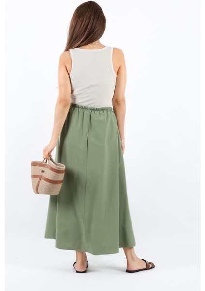 Kadın Alya Haki Astarlı Cepli Poplin Etek