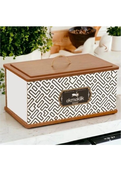 Dekoratif Ahşap Kapaklı Ekmeklik – Geometrik Desenli