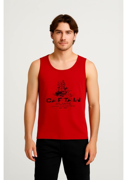 Erkek Kaptan Baskılı %100 Pamuk Kolsuz T-Shirt