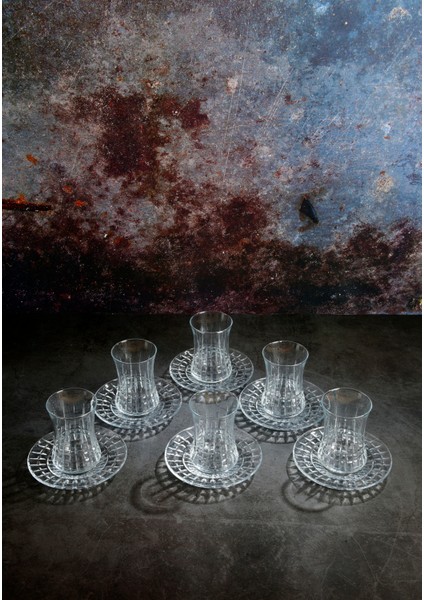 Kristal El Yapımı Çay Takımı – 12 Parça | 6 Bardak 6 Cam Tabak – Lunara Desen fiyatları