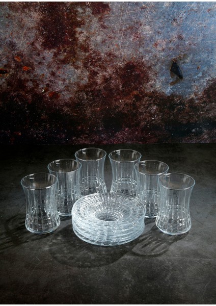 Kristal El Yapımı Çay Takımı – 12 Parça | 6 Bardak 6 Cam Tabak – Lunara Desen fırsatları