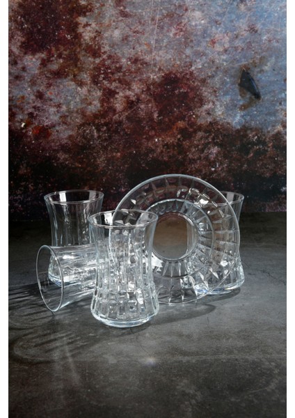 Kristal El Yapımı Çay Takımı – 12 Parça | 6 Bardak 6 Cam Tabak – Lunara Desen