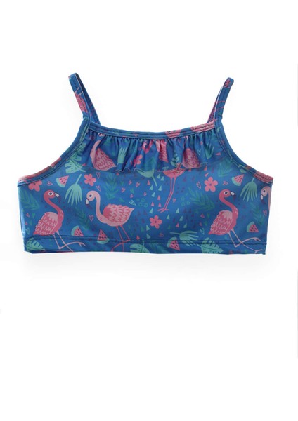 Kız Çocuk Flamingo Desenli Mavi Fırfırlı Havuz Plaj Bikini Takımı