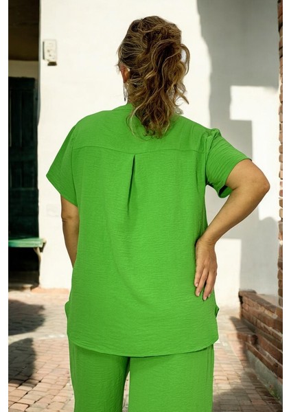 Önden Yarım Düğmeli Bluz Beli Lastikli Cepli Büyük Beden Aerobin Ikili Takım modelleri