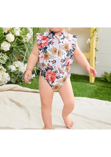 Kız Bebek Çiçek Desenli Fırfırlı Mayo – Fermuarlı, Rahat ve Şık