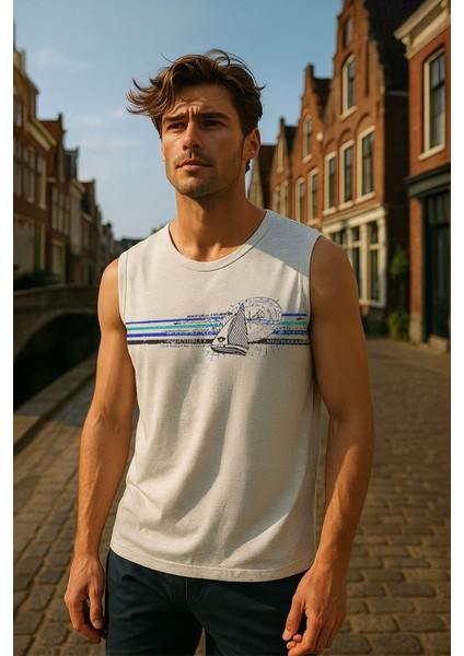 Erkek Yelkenli Baskılı %100 Pamuk Kolsuz T-Shirt