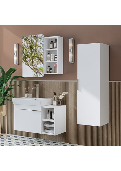 Likya Kapaklı Açık Raflı Mdflam Lavabolu 82 cm Banyo Alt Dolabı +Banyo Üst Dolabı + Banyo Boy Dolabı