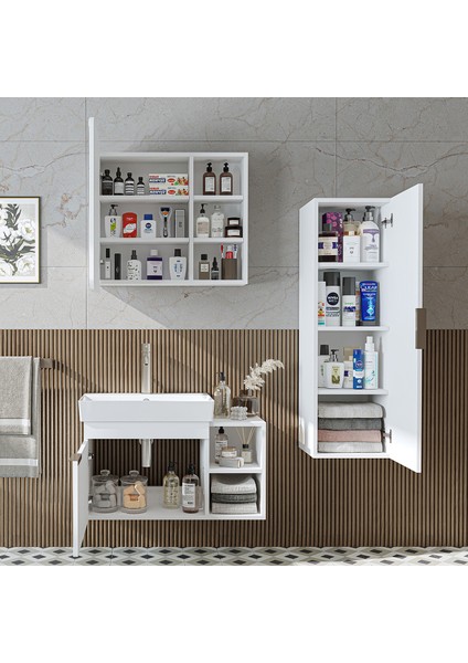 Likya Kapaklı Açık Raflı Mdflam Lavabolu 82 cm Banyo Alt Dolabı +Banyo Üst Dolabı + Banyo Boy Dolabı modelleri
