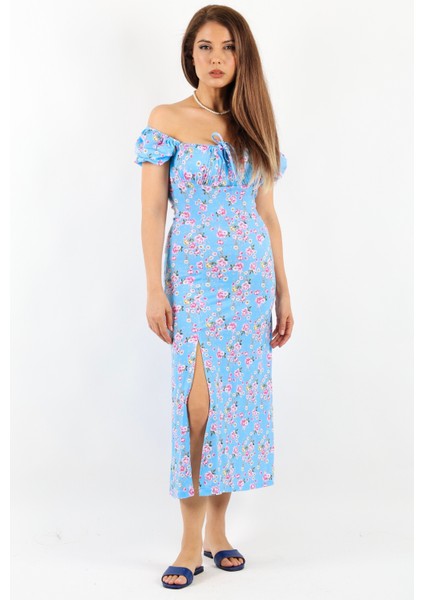 Kadın Gardenya Mavi Çiçekli Elbise modelleri