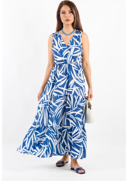 Kadın Santorini Bel Lastikli Mavi Viskon Elbise
