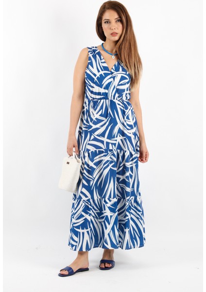 Kadın Santorini Bel Lastikli Mavi Viskon Elbise modelleri