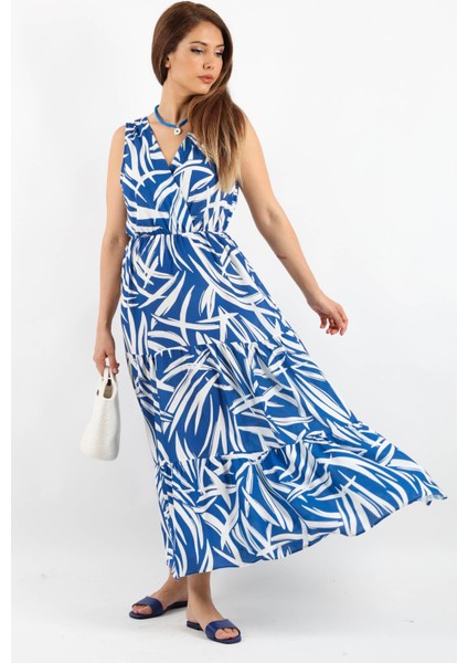 Kadın Santorini Bel Lastikli Mavi Viskon Elbise fırsatları