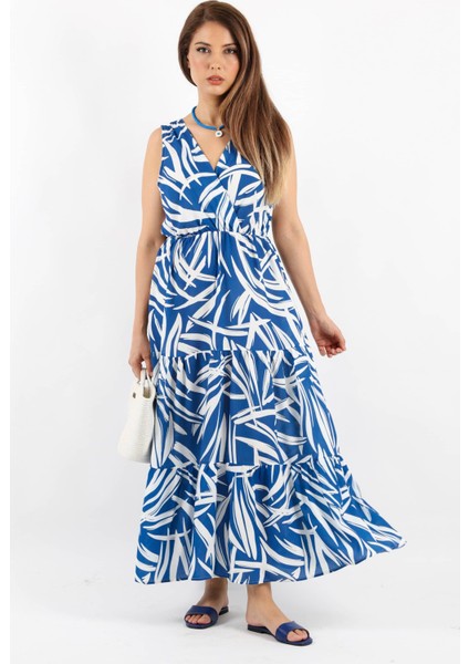 Kadın Santorini Bel Lastikli Mavi Viskon Elbise indirimleri