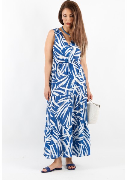 Kadın Santorini Bel Lastikli Mavi Viskon Elbise