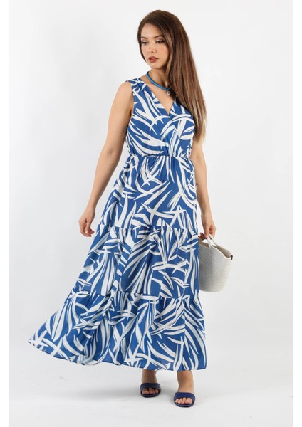 Kadın Santorini Bel Lastikli Mavi Viskon Elbise