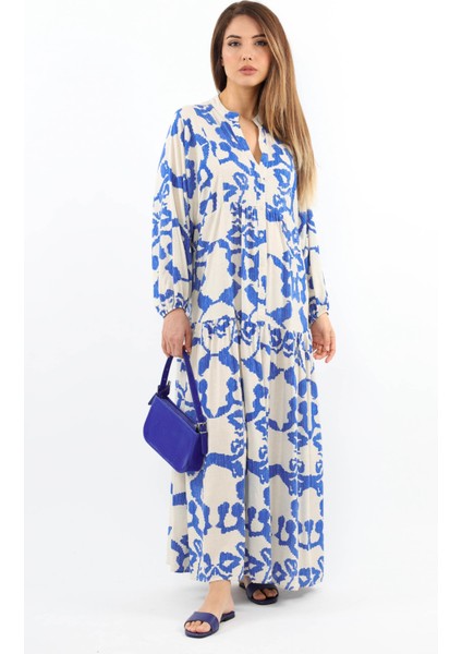 Prive Kadın Krem Mavi Chain %100 Viskon Uzun Elbise fiyatları