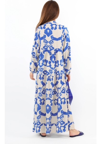 Prive Kadın Krem Mavi Chain %100 Viskon Uzun Elbise fırsatları