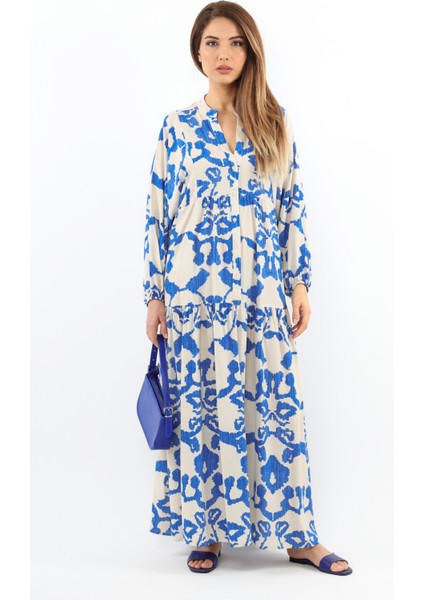 Prive Kadın Krem Mavi Chain %100 Viskon Uzun Elbise indirimleri
