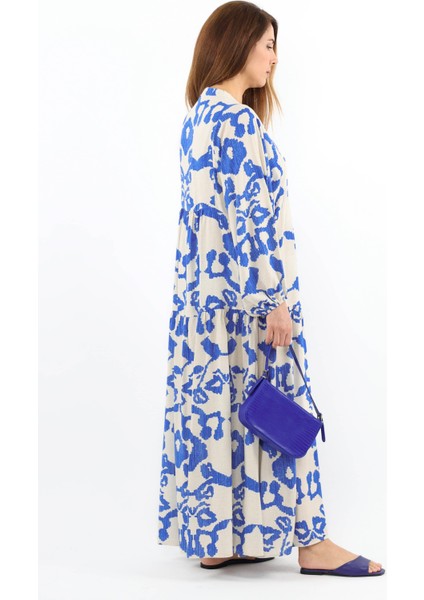 Prive Kadın Krem Mavi Chain %100 Viskon Uzun Elbise