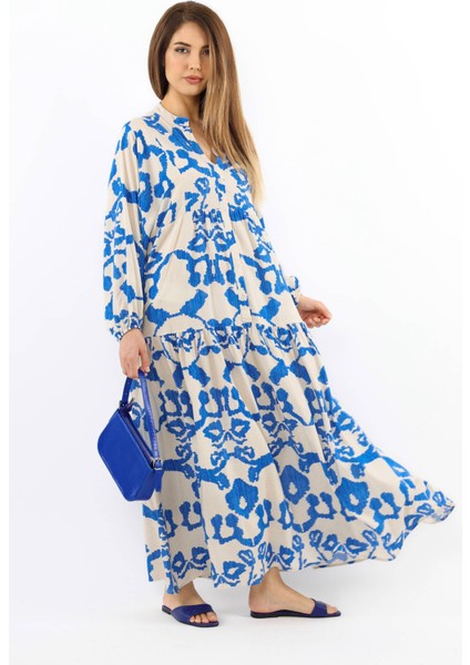 Prive Kadın Krem Mavi Chain %100 Viskon Uzun Elbise