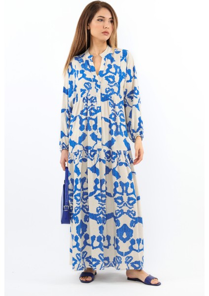 Prive Kadın Krem Mavi Chain %100 Viskon Uzun Elbise