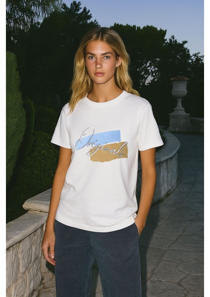 Kadın %100 Pamuk Bisiklet Yaka Baskılı Lacivert T-Shirt