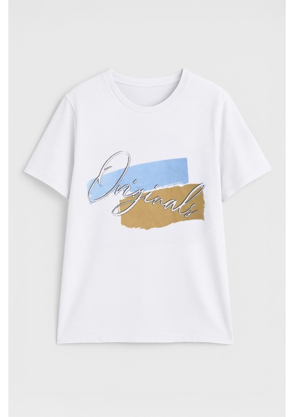 Kadın %100 Pamuk Bisiklet Yaka Baskılı Lacivert T-Shirt fiyatları