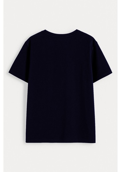 Kadın %100 Pamuk Bisiklet Yaka Baskılı Lacivert T-Shirt fiyatları