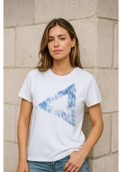 Kadın Rahat Kesim Bisiklet Yaka Baskılı Beyaz T-Shirt