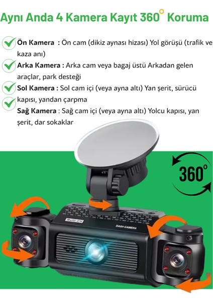 CC-40 WiFi Full HD Türkçe 4 Kameralı Araç İçi Güvenlik Kamerası | Ön, Arka, İç Kayıt | 64GB Uyumlu | Gece Görüşlü fiyatları