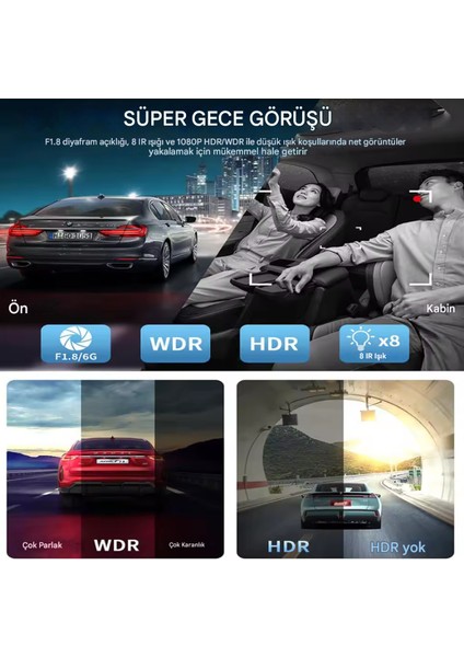 CC-40 WiFi Full HD Türkçe 4 Kameralı Araç İçi Güvenlik Kamerası | Ön, Arka, İç Kayıt | 64GB Uyumlu | Gece Görüşlü modelleri