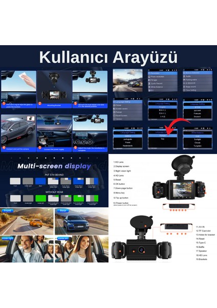 CC-40 WiFi Full HD Türkçe 4 Kameralı Araç İçi Güvenlik Kamerası | Ön, Arka, İç Kayıt | 64GB Uyumlu | Gece Görüşlü fırsatları