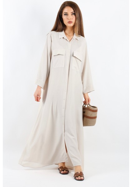 Prive Kadın Plain Bej %100 Viskon Maksi Boy Cepli Yazlık Uzun Elbise