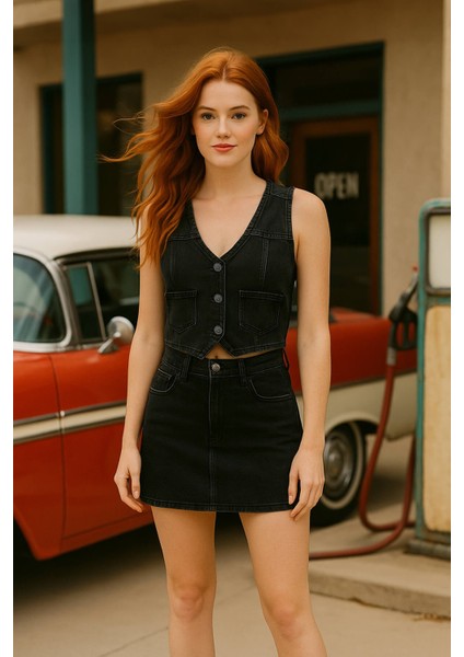 Kadın Düğmeli Jean Yelek