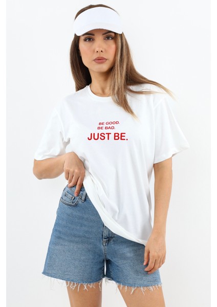 Kadın Just Be Geniş Kesim %100 Pamuk Beyaz T-Shirt