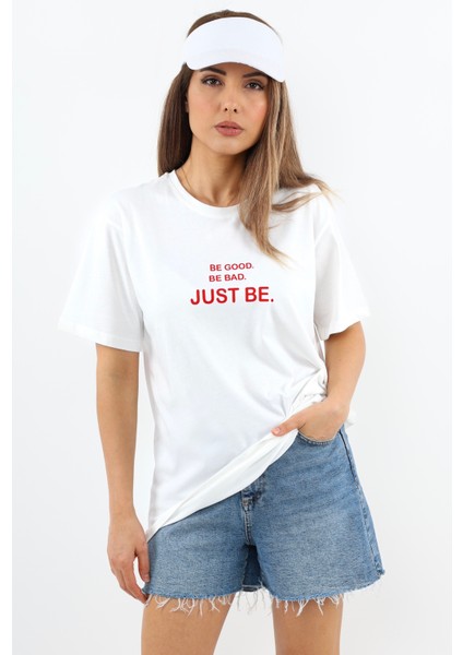 Kadın Just Be Geniş Kesim %100 Pamuk Beyaz T-Shirt modelleri