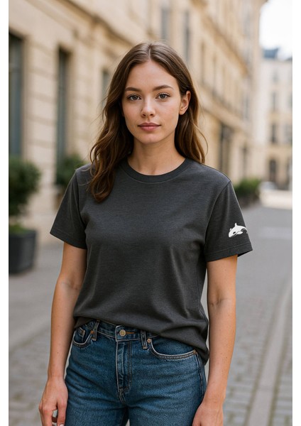 Kadın Bisiklet Yaka Basic Düz Kısa Kollu Gri T-Shirt