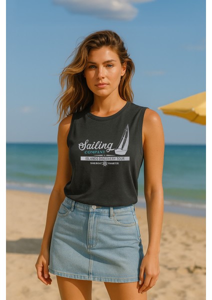 Kadın Bisiklet Yaka Baskılı Antrasit Kolsuz T-Shirt