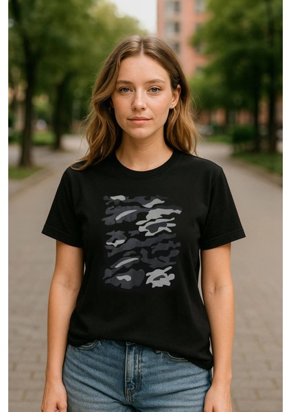 Kadın Bisiklet Yaka %100 Pamuk Baskılı Siyah T-Shirt