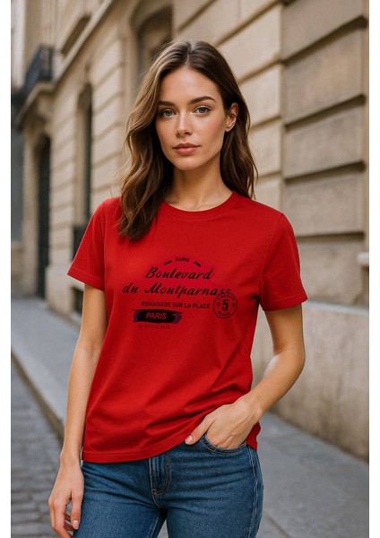 Kadın Bisiklet Yaka Baskılı Siyah T-Shirt