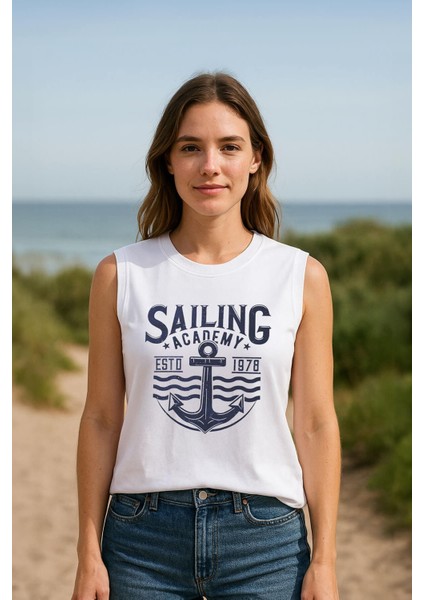 Kadın Bisiklet Yaka Baskılı Beyaz Kolsuz T-Shirt