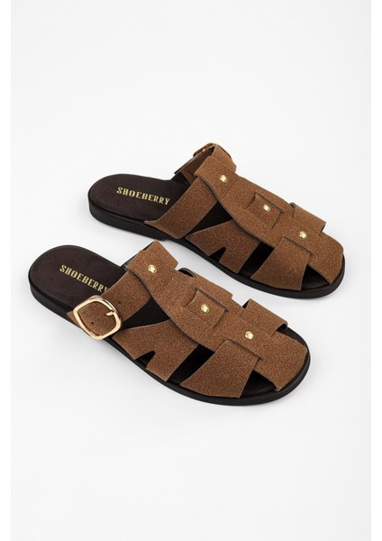 Kadın Sole Taba Süet Trok Detaylı Kemerli Terlik