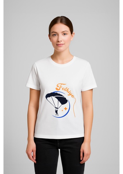 Kadın Bisiklet Yaka %100 Pamuk Fethiye Baskılı Kısa Kollu T-Shirt