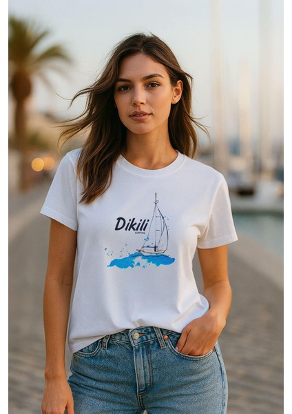 Kadın Bisiklet Yaka %100 Pamuk Dikili Baskılı Kısa Kollu T-Shirt