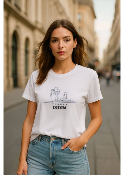 Kadın Bisiklet Yaka %100 Pamuk Didim Baskılı Kısa Kollu T-Shirt