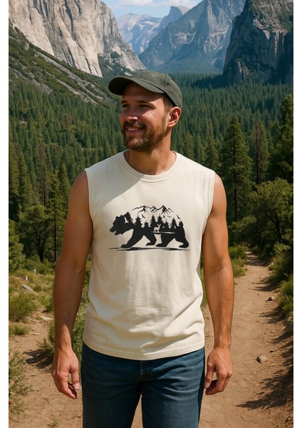 Erkek %100 Pamuk Bisiklet Yaka Bear Baskılı Kolsuz T-Shirt