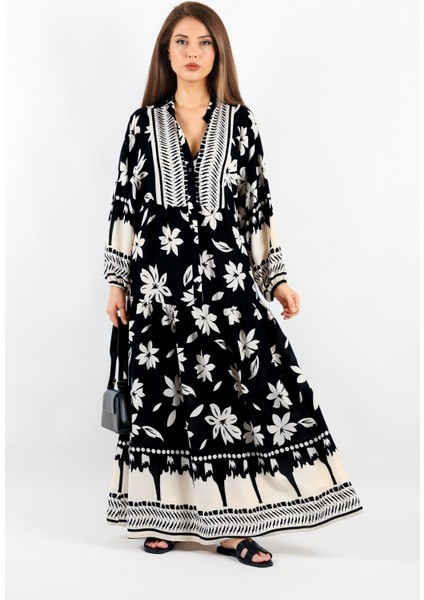 Prive Kadın Fulya %100 Viskon Maksi Boy Siyah Uzun Yazlık Elbise