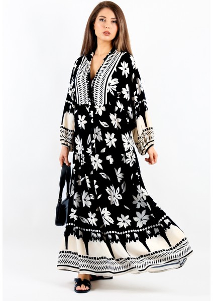 Prive Kadın Fulya %100 Viskon Maksi Boy Siyah Uzun Yazlık Elbise