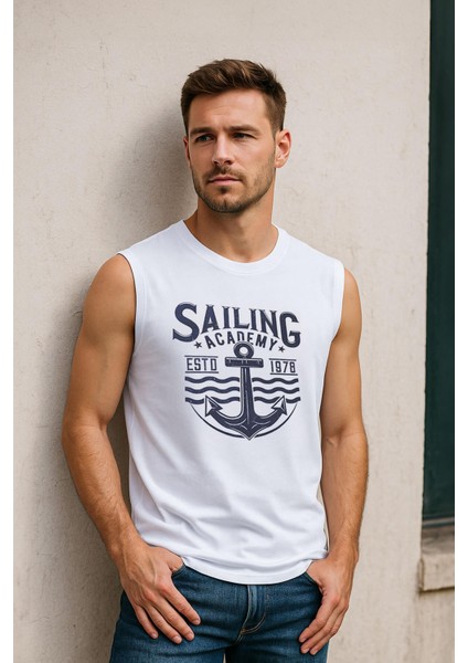 Erkek Bisiklet Yaka Baskılı Beyaz Kolsuz T-Shirt